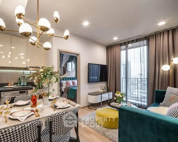 Modern open-plan living room with elegant decor and city view balcony.