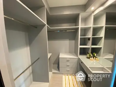 Spacious modern walk-in closet with sleek shelving and vanity area