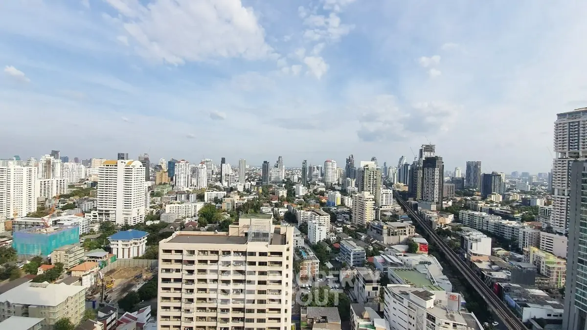 Stunning cityscape view from high-rise building showcasing urban skyline.