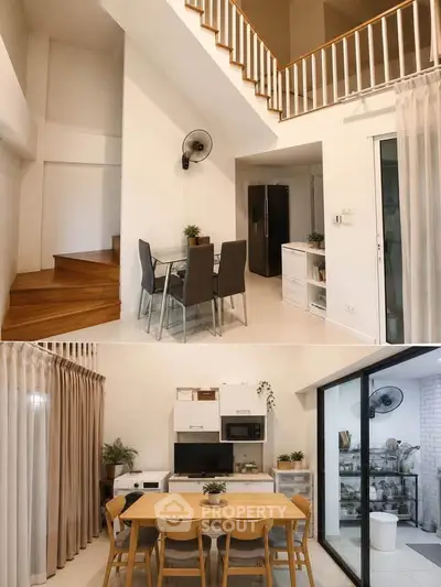 Modern duplex dining area with stylish furniture and open kitchen layout