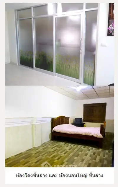 Spacious bedroom with decorative glass doors and cozy bed setup