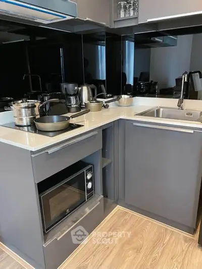 Modern kitchen with sleek cabinetry and built-in microwave in a compact layout.