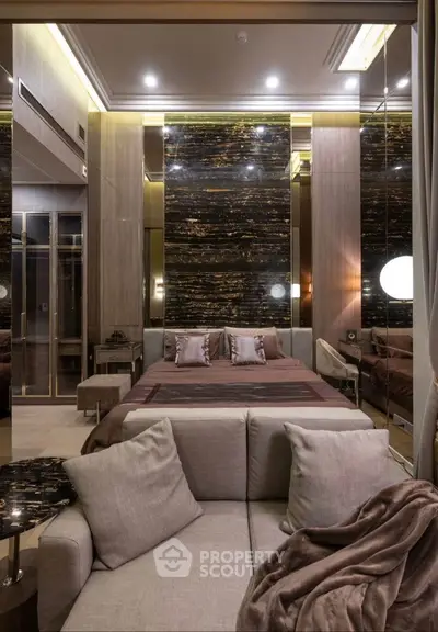 Luxurious modern bedroom with elegant decor and plush furnishings