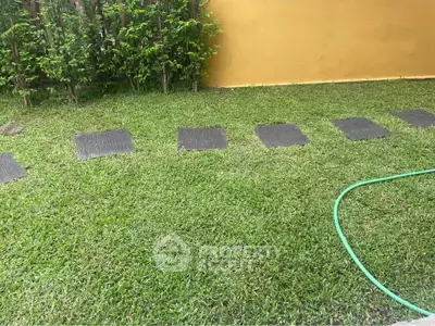 Charming garden area with lush grass and stepping stones, perfect for outdoor relaxation and activities.