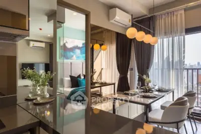 Luxurious modern apartment with open kitchen and elegant dining area, featuring city views and stylish decor.