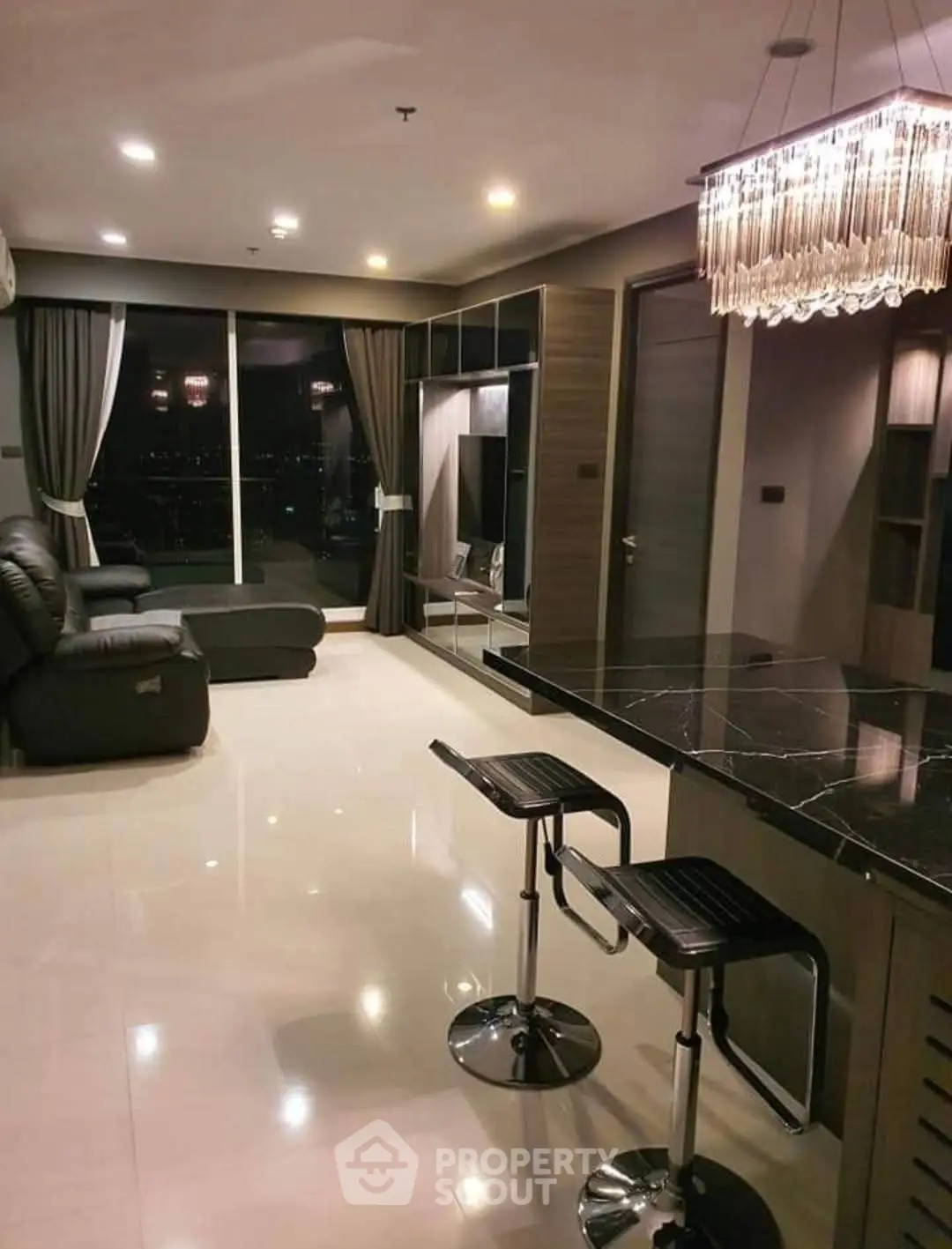 Luxurious modern living room with city view and elegant lighting