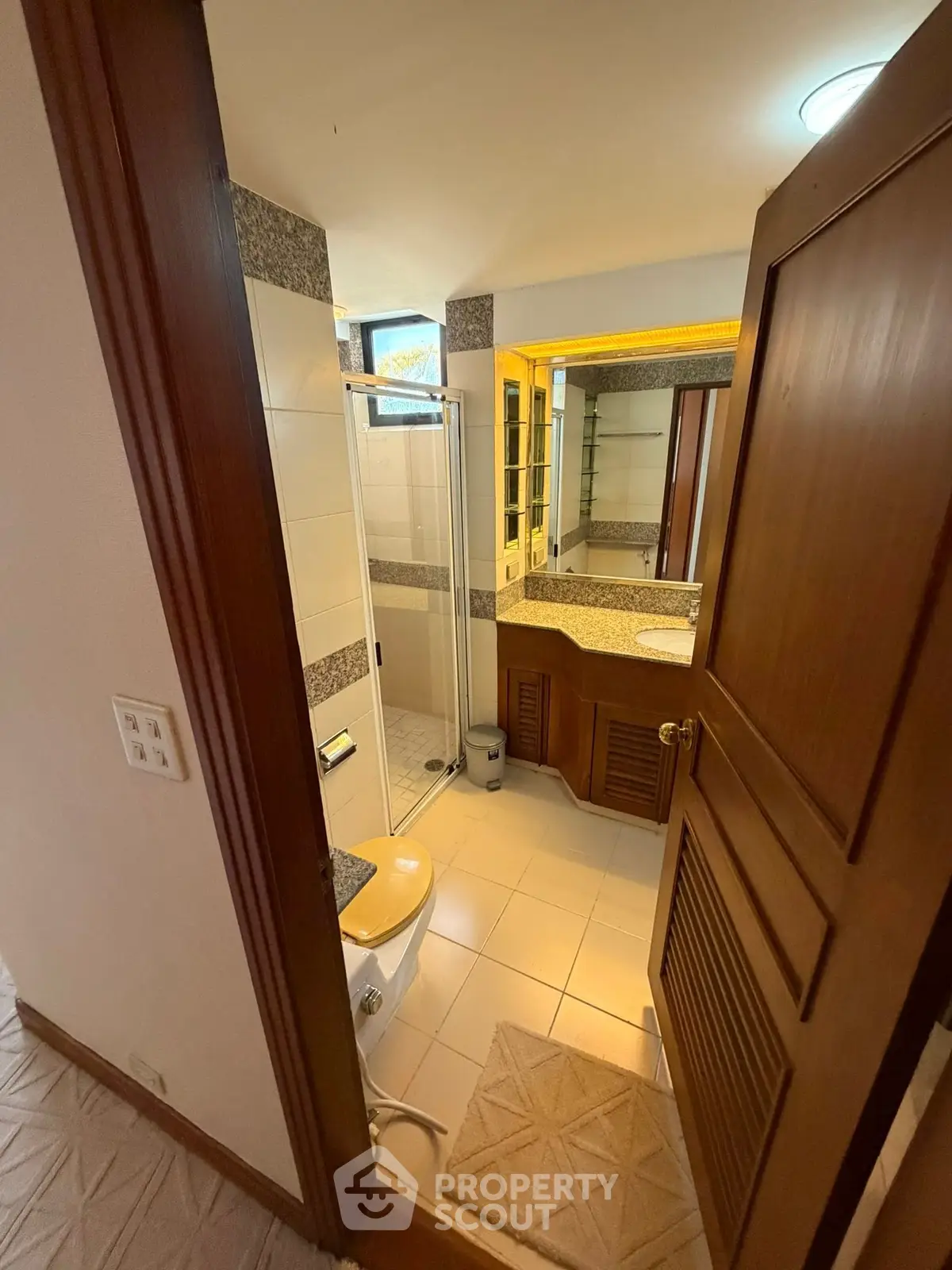 Cozy bathroom with wooden door, shower, and elegant vanity mirror.
