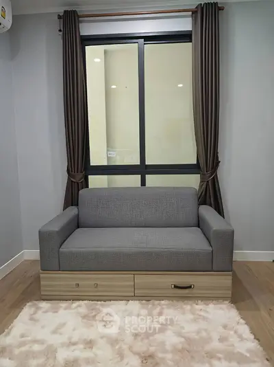 Modern living room with stylish gray sofa and plush rug