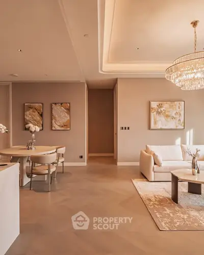 Luxurious living room with elegant chandelier and modern decor