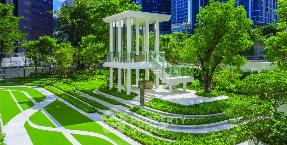 Stunning modern garden with unique architectural structure and lush greenery in urban setting.