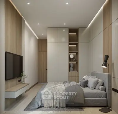 Modern bedroom with sleek design, featuring built-in storage and cozy lighting.