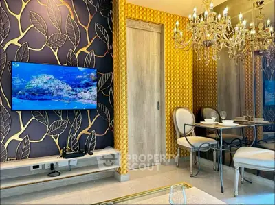 Luxurious living room with elegant chandelier and modern decor