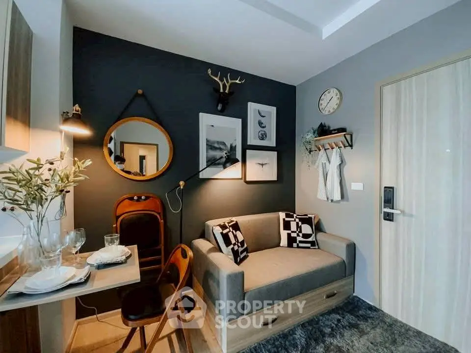 Stylish modern living room with cozy sofa and chic decor in compact apartment