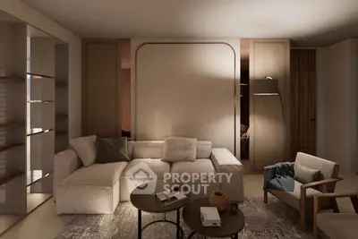 Elegant living room with modern furniture and warm lighting, perfect for relaxation and entertainment.