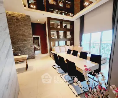Luxurious modern living room with elegant dining area and stunning city view.