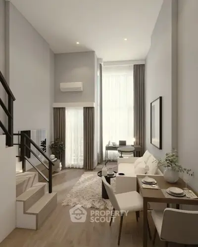 Modern duplex living room with high ceilings and elegant decor