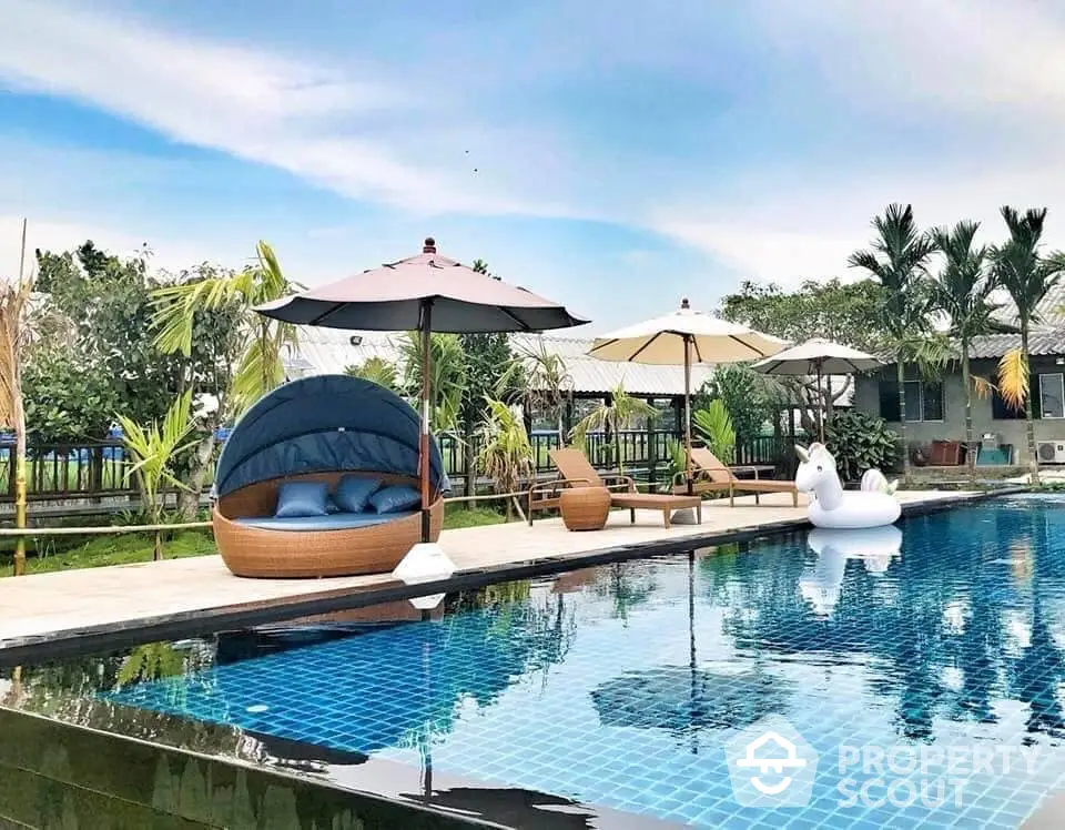 Luxurious tropical poolside with stylish loungers and a unique egg-shaped daybed, perfect for relaxation and entertainment in a serene setting.