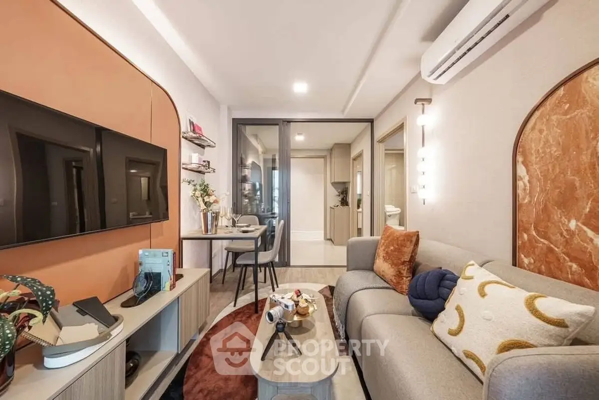 Modern living room with stylish decor and cozy seating area