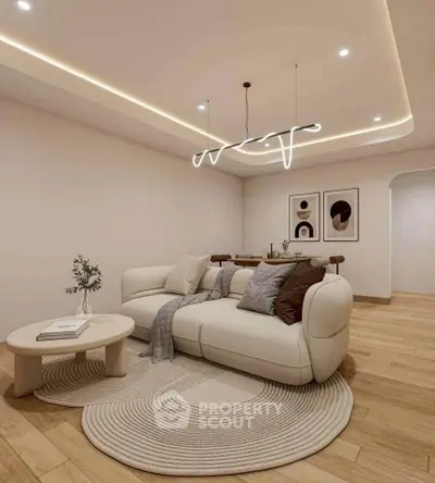Modern living room with stylish lighting and cozy seating area
