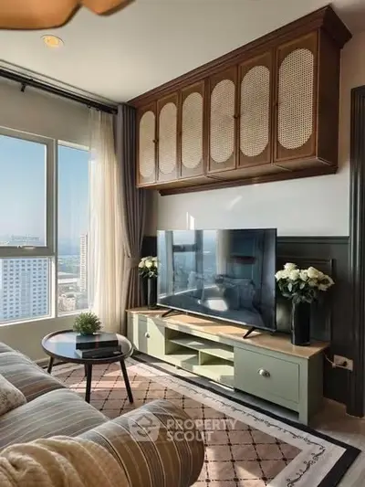 Stylish living room with large window and modern TV setup in high-rise apartment.