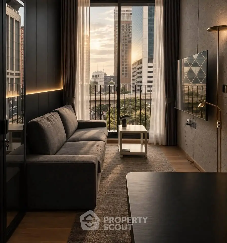 Modern living room with city view, sleek furniture, and floor-to-ceiling windows.