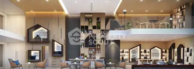 Modern library with stylish seating and wooden accents, perfect for reading and relaxation.