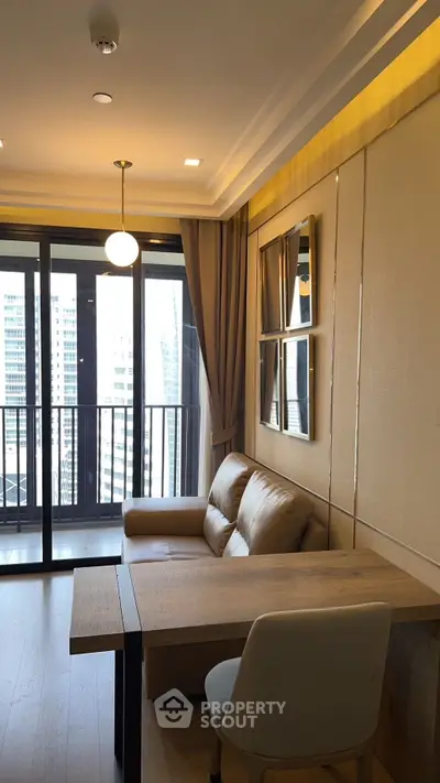 Modern living room with balcony view in high-rise apartment