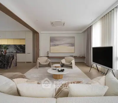 Luxurious modern living room with elegant decor and open kitchen layout