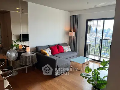 Modern living room with city view and stylish decor