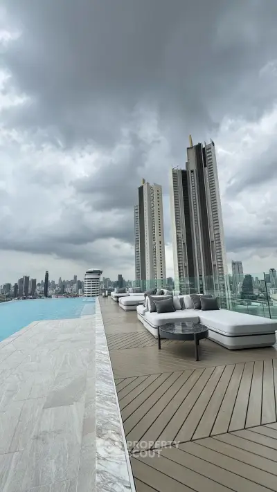 Luxurious rooftop with stunning city view and modern outdoor seating by the pool.
