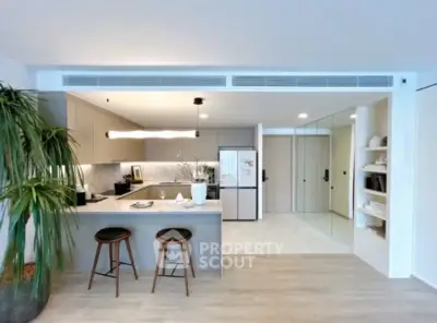 Modern open-layout kitchen with stylish bar stools and sleek appliances
