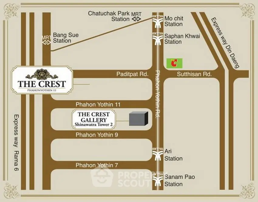 Map showing location of The Crest Phahonyothin 11 near MRT stations and major roads.