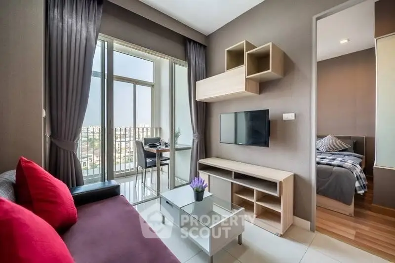 Modern living room with balcony view in stylish apartment