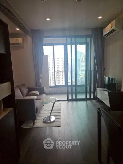 Modern living room with city view and sleek interior design