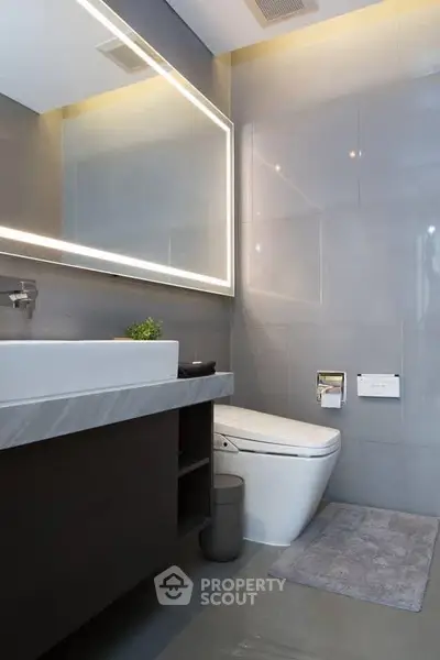 Modern bathroom with sleek design and illuminated mirror