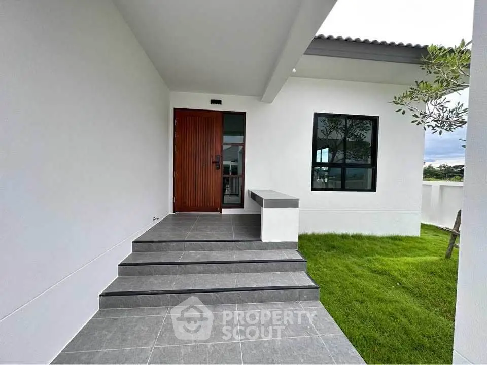 Modern house entrance with sleek design and green lawn