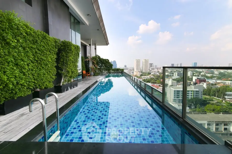 Luxurious rooftop pool with stunning city skyline view and modern design.