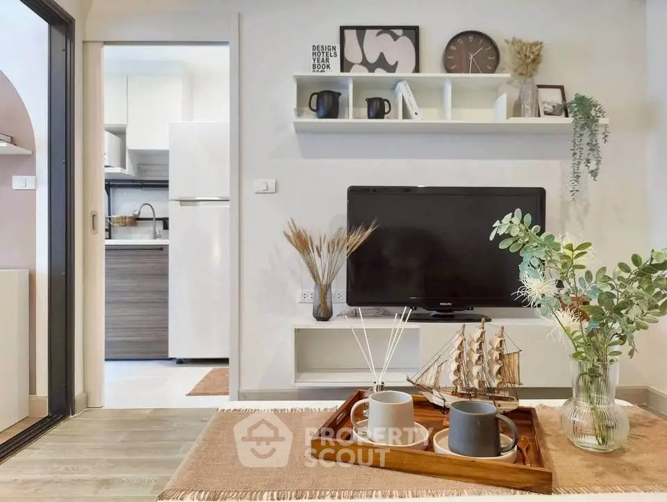 Modern living room with stylish decor and open kitchen view