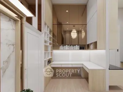 Modern study room with built-in shelves and sleek design