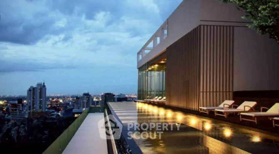 Luxurious rooftop pool with stunning city skyline view at dusk, perfect for relaxation and entertainment.