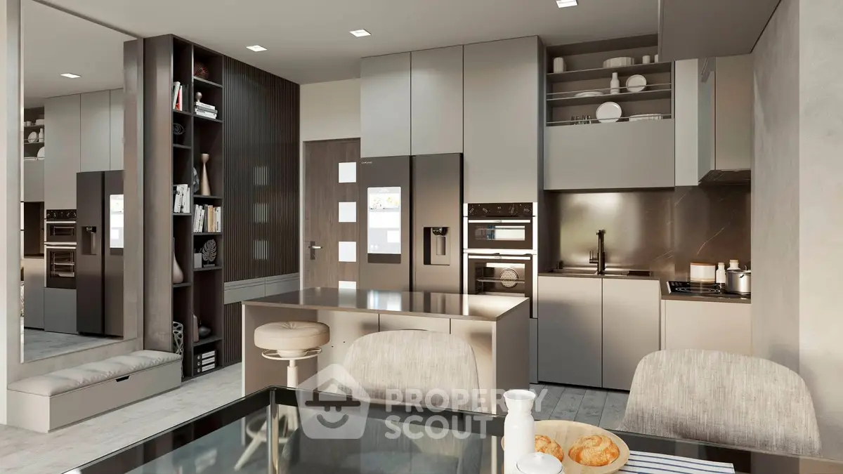 Modern kitchen with sleek cabinetry and built-in appliances, featuring a cozy dining area.