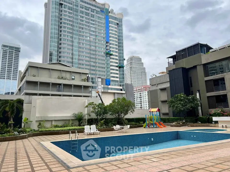 Luxurious urban apartment complex with pool and skyline view, perfect for modern living.