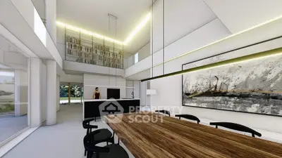 Modern open-plan living room with high ceilings and stylish decor