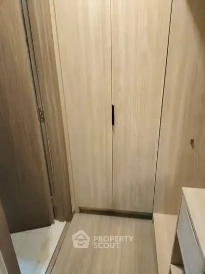 Modern wooden storage closet in a compact space