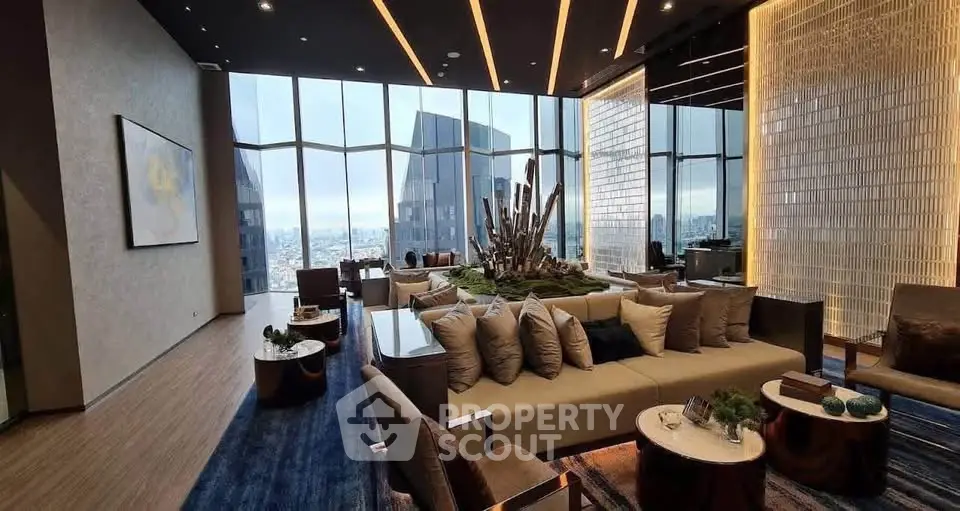 Luxurious modern living room with panoramic city views and elegant decor