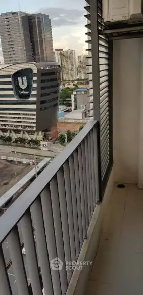 Modern balcony with cityscape view in high-rise building