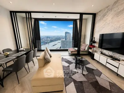 Luxurious living room with stunning city view, modern furniture, and elegant decor in high-rise apartment.