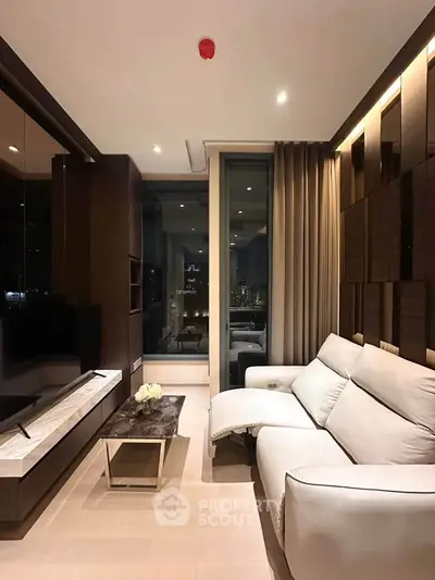 Luxurious modern living room with city view, featuring elegant furniture and ambient lighting.