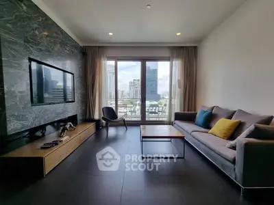 Modern living room with city view and stylish decor