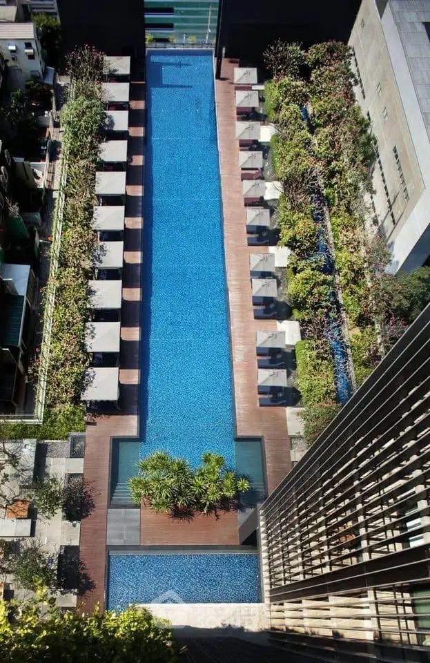 Luxurious rooftop pool with elegant design and lush greenery, perfect for relaxation and leisure.